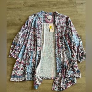 Allison Daley Artistic Dusty Blue and Pink Open Front Cardigan Sweater SZ L NWT
